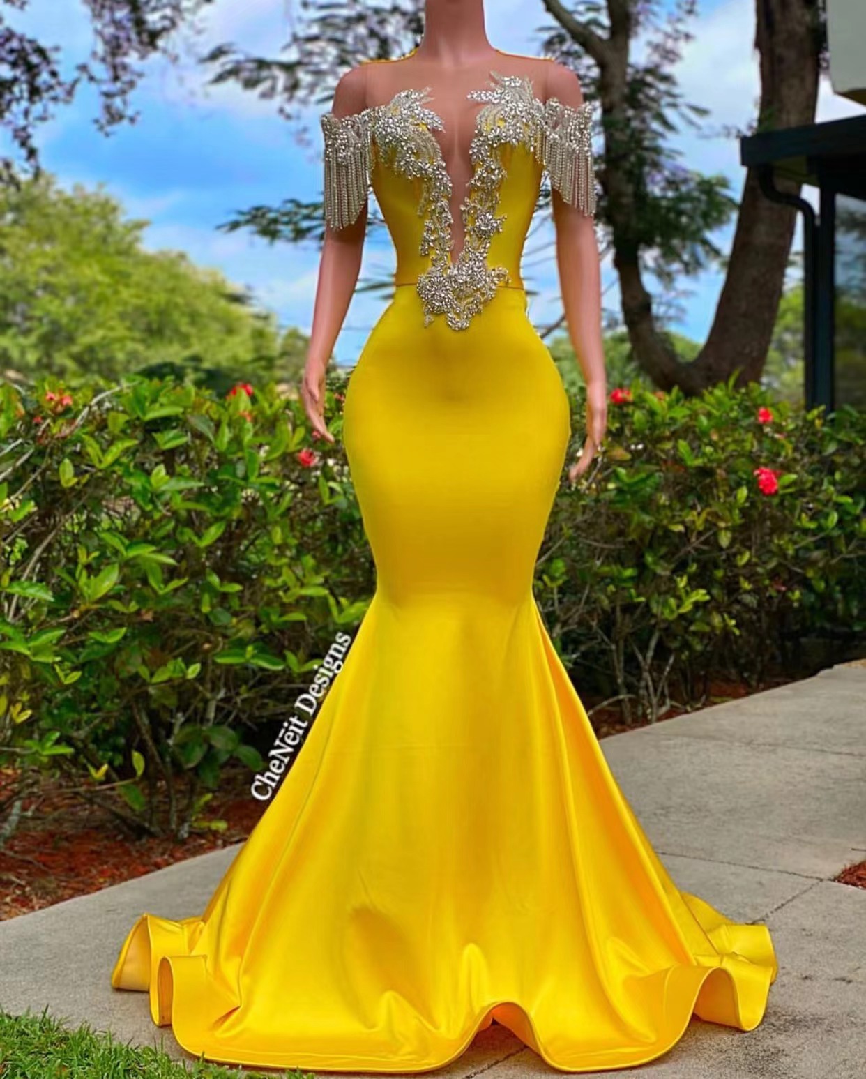 Vestidos De Fiesta Elegantes Para Mujer 2023 Off The Shoulder Yellow Evening Dresses Long Beaded Applique Tassels Formal Occasion Dresses 2024