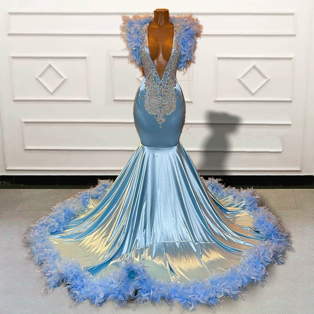 Luxury Evening Dresses Vestidos De Fiesta Blue Beaded Feather Luxury Evening Gown Robe De Soiree Femme Mermaid Prom Dresses Abendkleider
