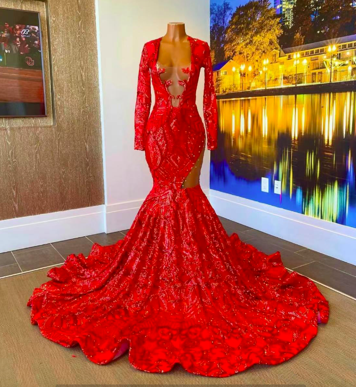 Vestidos De Fiesta Red Sparkly Applique Evening Dresses Long Sleeve Mermaid Luxury Modest Elegant Formal Occasion Dresses Robe De Soiree Femme