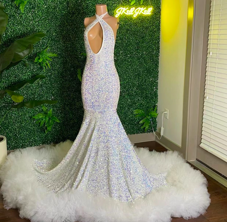White Sparkly Prom Dresses 2024 Mermaid Halter Glitter Shinny Modest Tulle Formal Occasion Dresses 2025 Cocktail Dresses Vestido Feminino
