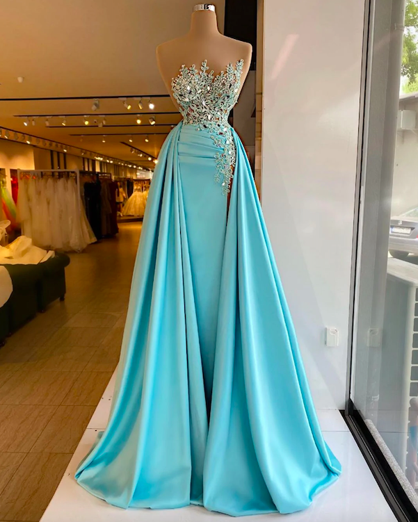 Robes De Bal Prom Dresses 2024 Turquoise Blue Beaded Applique Prom Gown With Train Vestidos De Graduación 2025 Abendkleider