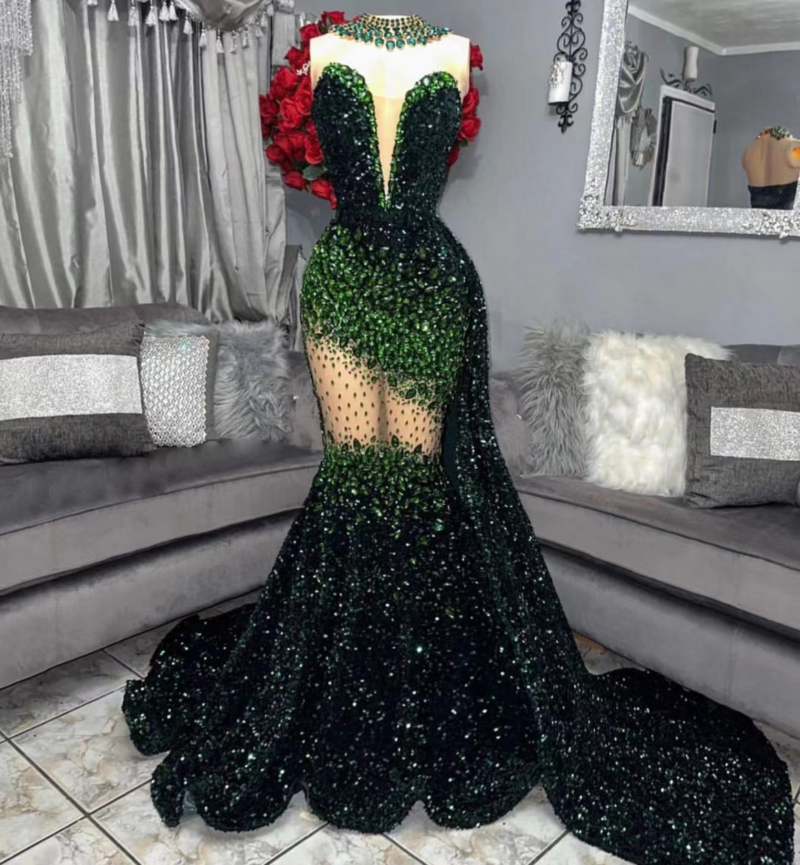 Sparkly Sequin Prom Dresses Long Beaded Luxury African Elegant Formal Occasion Dresses Vestidos De Fiesta De Longo Abendkleider (beaded Neckline