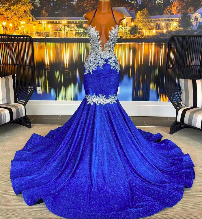 Halter Elegant Prom Dresses For Black Girls Royal Blue Lace Applique Mermaid Special Occasion Dresses Prom Dresses 2024 Vestidos De Fiesta 2025