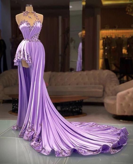 Special Occasion Dresses 2024, High Neck Purple Beaded Prom Dresses For Women, 2025 Lace Applique High Low Elegant Sexy Party Dresses, Robe De