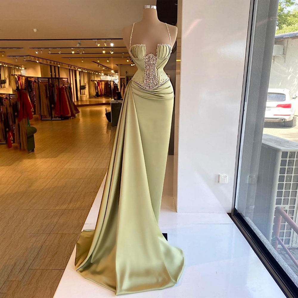 Spaghetti Straps Beaded Prom Dresses, 2024 Green Satin Simple Elegant Custom Make, Prom Gown With Overskirt, 2025 Evening Dresses Vestido De