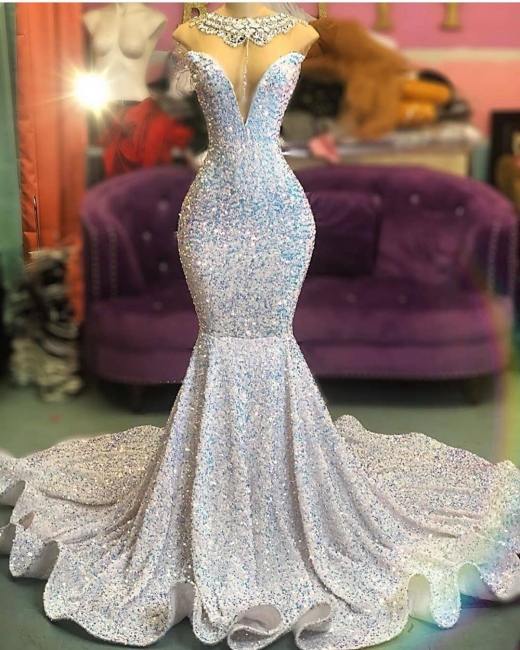 Robe De Soiree Femme White Crystals Prom Dresses, Long Sparkly Elegant Beaded Crew Glitter Prom Gown, 2024 Formal Evening Party Dress, Black Girl