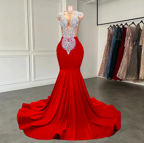 Vestidos De Fiesta Elegantes Para Mujer 2024 Red Beaded Luxury Prom Dresses For Black Girls 2025 Elegant Modest Mermaid Bling Sparkly Plus Size