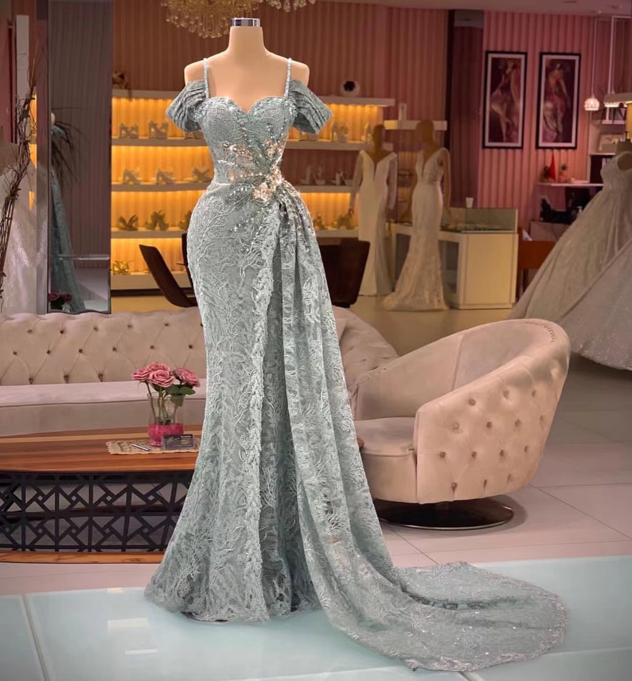 Lace Applique Tulle Prom Dresses 2024 Robes De Soiree Femme Elegant Off The Shoulder Modest Formal Occasion Dresses Vestidos De Fiesta 2025