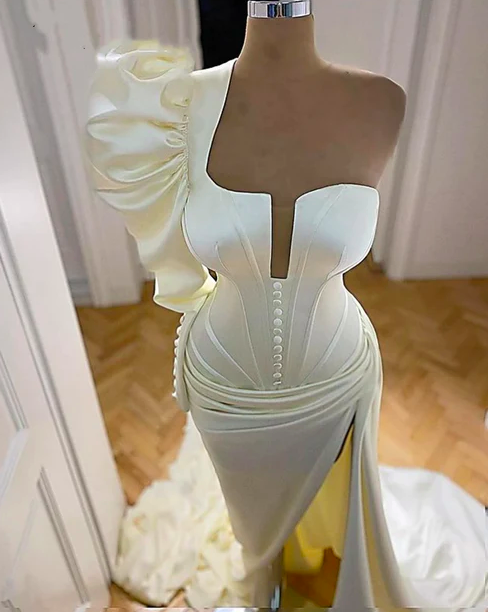 One Shoulder Mermaid Wedding Dresses For Women Elegant Simple Off White Pleated Custom Make Bridal Dresses Vestidos De Novia