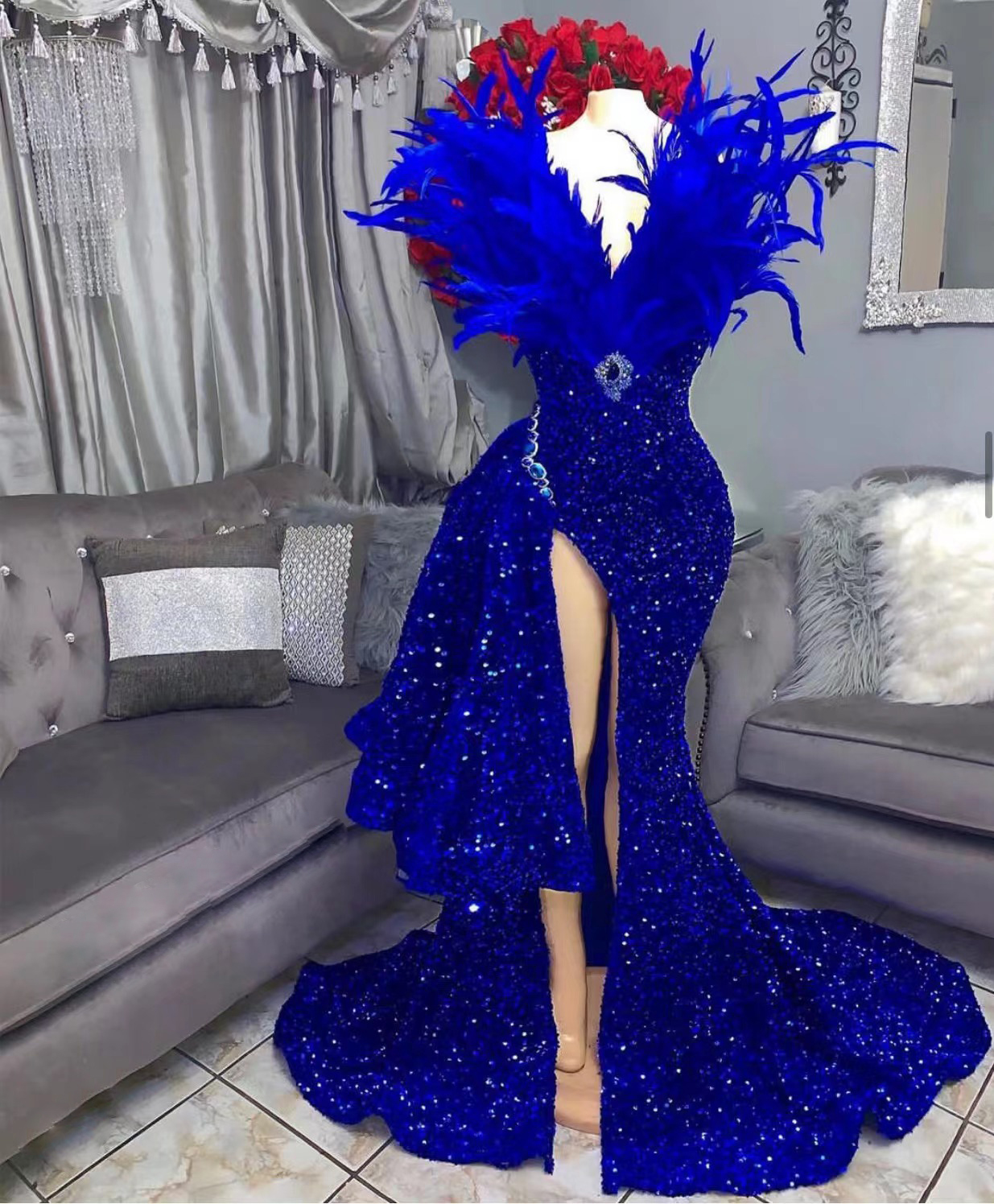 Feather Luxury Prom Dresses For Women, V Neck Sparkly Sequined Royal Blue Mermaid Prom Gown, With Side Slit Sexy Party Dresses Evening Wear,