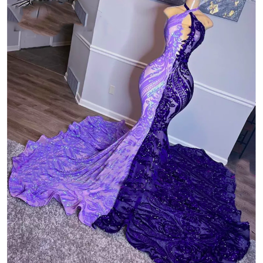 Halter Purple Prom Dresses For Black Girls 2024 Mermaid Modest Sparkly Applique Elegant Formal Occasion Dresses Abendkleider Vestidos De Fiesta