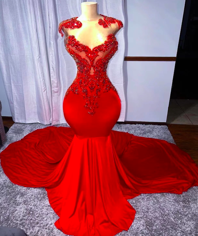 Custom Make Red Prom Dresses 2024 Beaded Applique Cap Sleeve Mermaid Modest Elegant Gorgeous Formal Occasion Dresses 2025 Black Girl Vestidos De