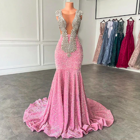 Pink Glitter Prom Dresses For Women Vestidos De Noche Beaded Applique Crystals Modest Luxury Prom Gown Abendkleider Luxus 2024 Formal Occasion