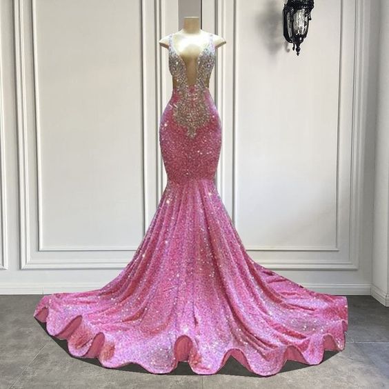 Vestidos De Ocasión Formales Sparkly Pink Prom Dresses For Black Girls Fashion Beaded Crystals V Neck Elegant Prom Gown Evening Wear Robes De