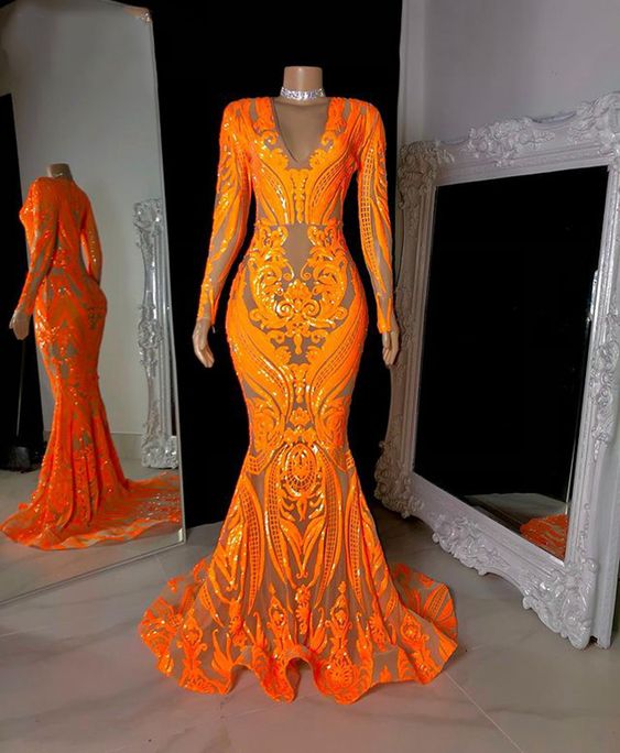 Robes De Soirée Orange Sparkly Prom Dresses For Black Girls Sequins Applique Fashion Party Dresses Formal Occasion Dress Vestidos De Noche