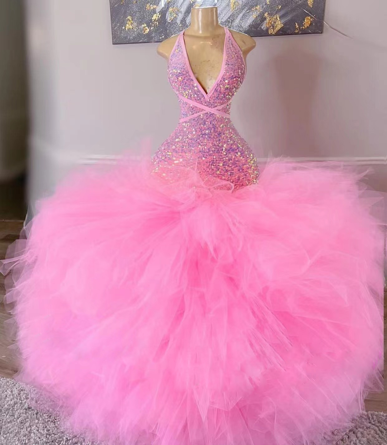 Plus Size Pink Prom Dresses 2024 Pageant Dresses For Women Sparkly Sequins Fashion Halter Sexy Party Dresses Prom Gown 2025 Vestidos De