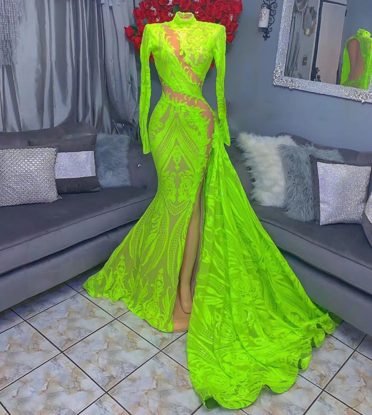 Birthday Dress For Women Luxury 2024 High Neck Sparkly Prom Dresses Lime Green Long Sleeve Elegant Sequins Applique Formal Dresses With Side Slit