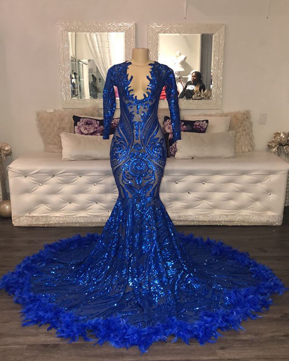 Royal Blue Jumpsuit Prom Dresses High Collar Long Sleeve Satin