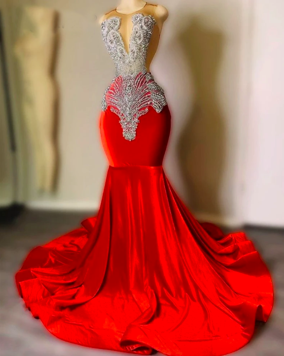 Luxury Red Prom Dresses For Women Fashion Beaded Applique Evening Dresses Elegant Mermaid Modest Prom Gown Black Girl Party Dresses Vestidos De