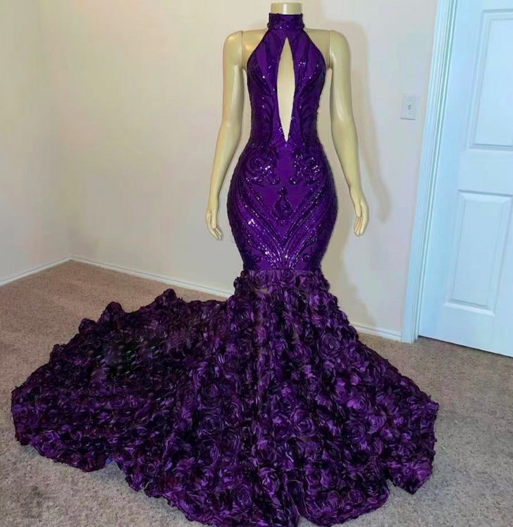 Vestidos De Ocasión Formales Purple Sequin Applique Prom Dresses For Black Girls Mermaid Floral Glitter Sparkly Evening Dresses Robes De Soiree
