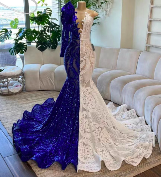 2024 Mermaid Royal Blue Prom Dresses White Lace Applique with Spaghett –  MyChicDress