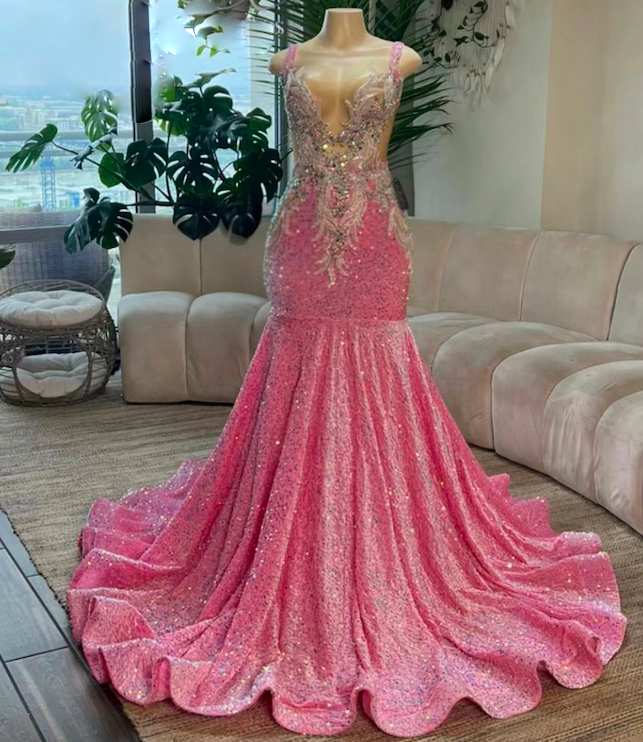 Pink Mermaid Long Prom Dresses 2023 For Black Girl Luxury Beaded V-neck  Satin Women Formal Party Gowns