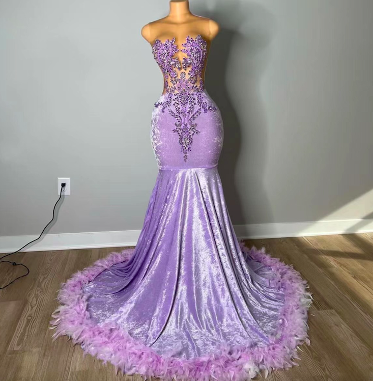 Lavender Prom Dresses For Women Beaded Applique Feather Luxury Prom Gown Sleeveless Mermaid Purple Evening Dress Formal Occasion Dresses Robe