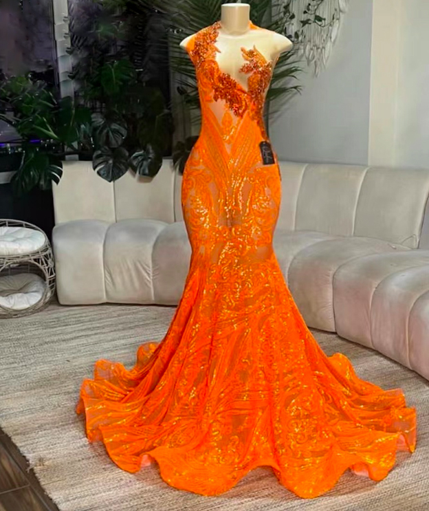 Formal Occasion Dresses Orange Sparkly Prom Dresses 2024 Beaded Applique Mermaid Sheer Neck Party Dresses 2025 Birthday Celebrity Dresses
