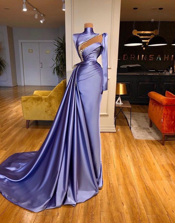 One Shoulder High Neck Prom Dresses, Elegant Beaded Purple Formal Dresses, Vestidos De Fiesta Mujer Para Robes De Soiree Modest Party Dresses,