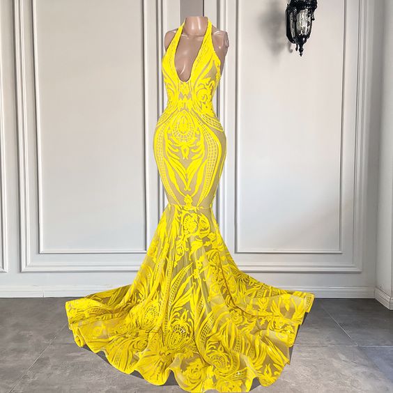 Yellow Black Girl Prom Dresses 2023 Sequin Applique Mermaid Formal Party Dresses Special Occasion Dresses 2024 Robe Femme Soiree Birthday Party
