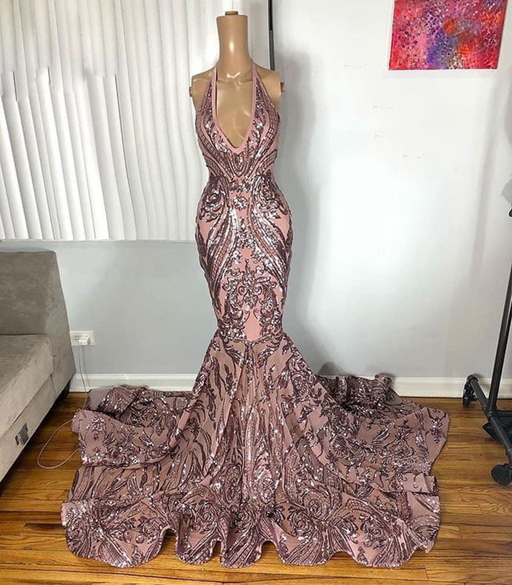 Rose Gold Prom Dresses Halter Long Mermaid Sexy Party Dresses Vestidos de Gala Sparkly Formal Occasion Dresses Robes Femme Soiree