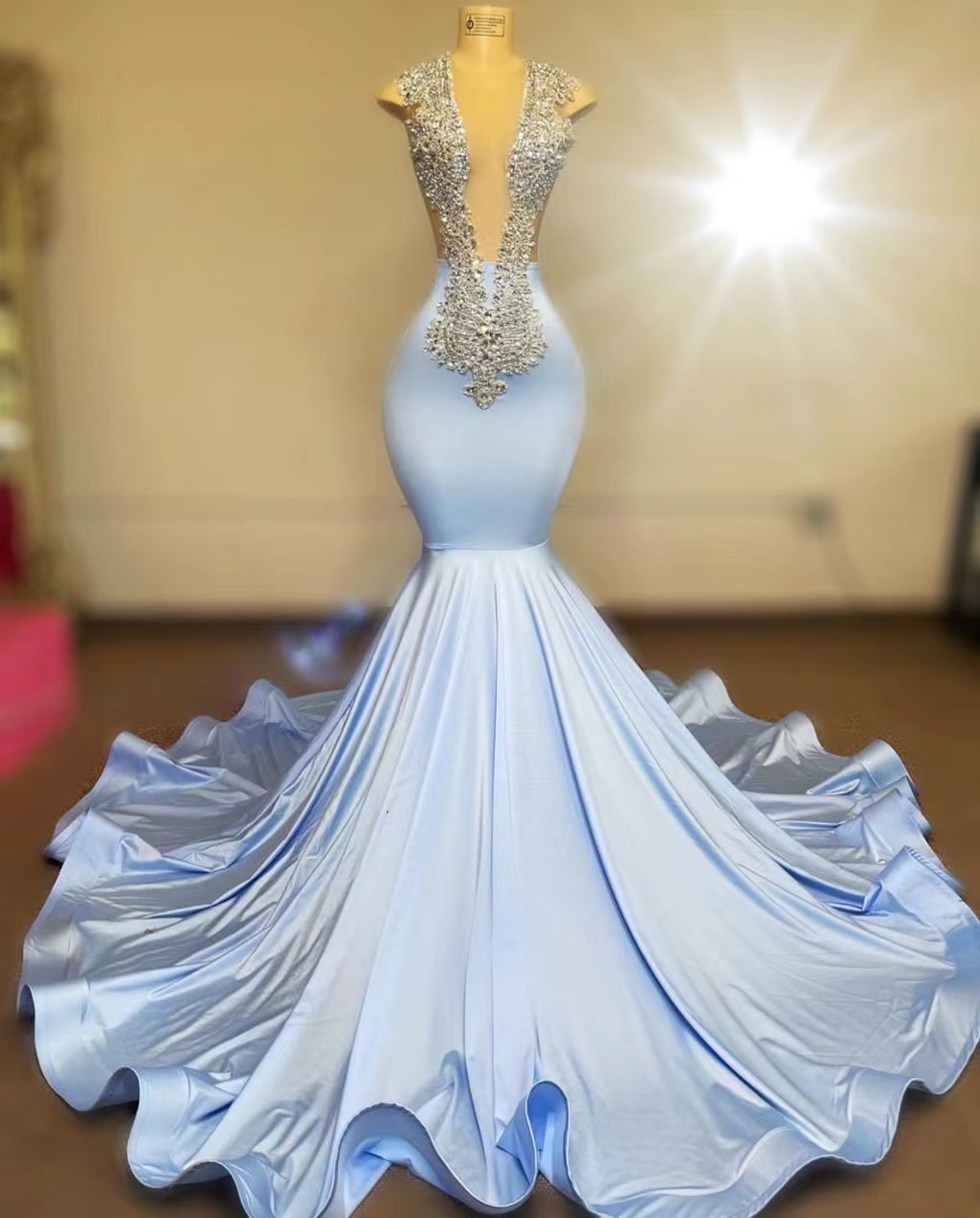 Diamonds Prom Dresses For Women Vestidos De Fiesta V Neck Blue Elegant Evening Gowns For Black Girls Modest Mermaid Sexy Party Dresses