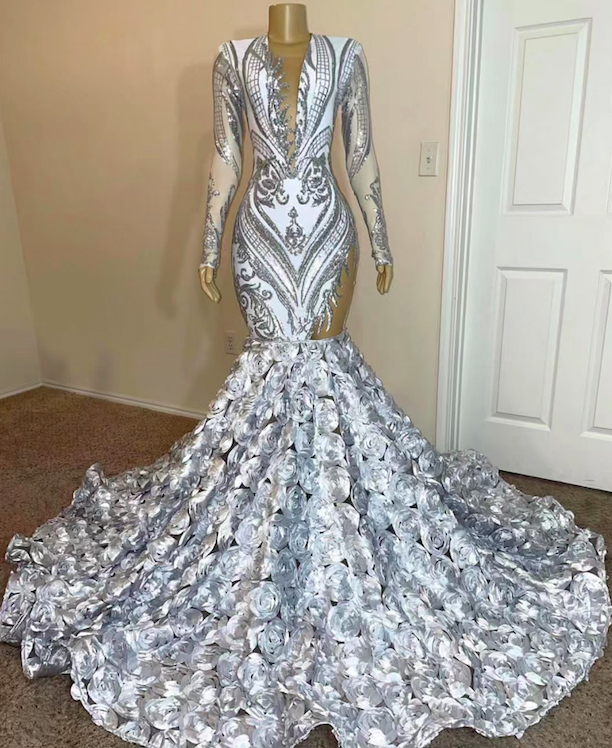 Silver Sequin Applique Prom Dresses Long Sleeve Vintage V Neck Glitter Evening Dresses Mermaid Elegant Custom Formal Wear Fashion Floral Party