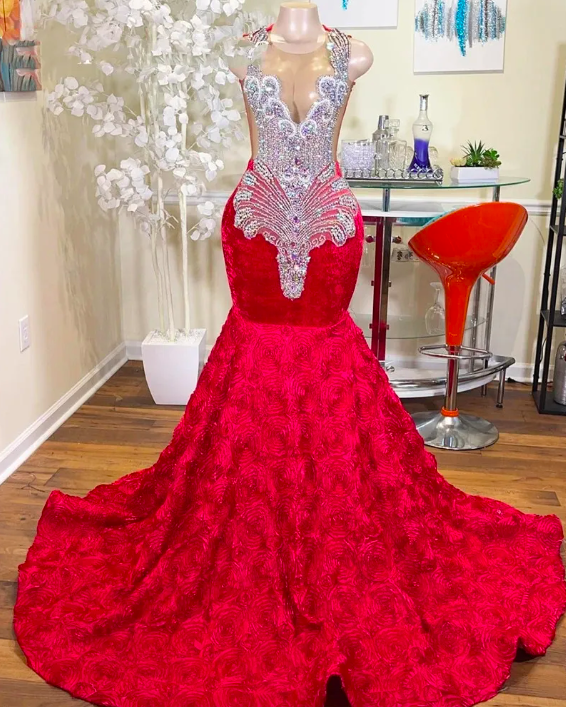 Luxury Custom Prom Dresses For Women Beaded Crystals Red Evening Dresses Mermaid Floral Elegant Gorgeous Party Dresses Abendkleider Vestidos De