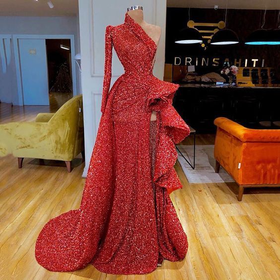 Red Sparkly Prom Dresses Vestidos De Fiesta Elegantes Para Mujer 2024 One Shoulder Sequins Glitter Simple Prom Gown 2024 Robes De Cocktail