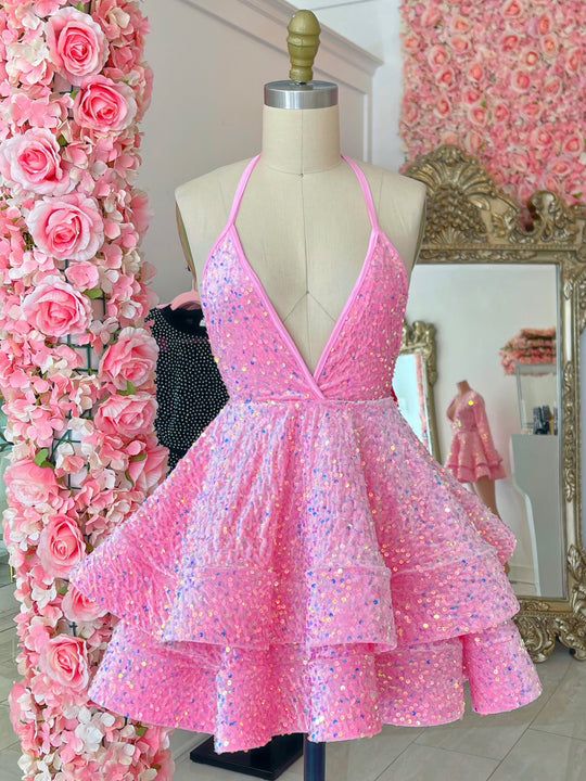 Halter Pink Prom Dresses Short 2024 Sparkly Sexy Cocktail Dresses Glitter Simple Prom Dresses 2025 Vestidos De Graduacion Robes De Cocktail