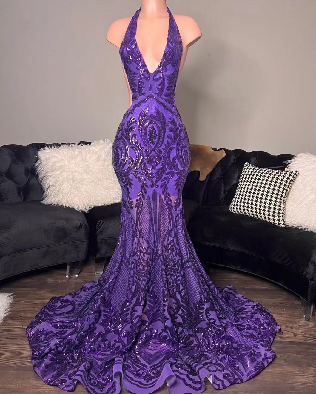 Purple Sparkly Prom Dresses 2024 Halter Mermaid Sequin Applique Modest Elegant Formal Occasion Dresses 2025 Vestidos De Fiesta De Noche Elegant