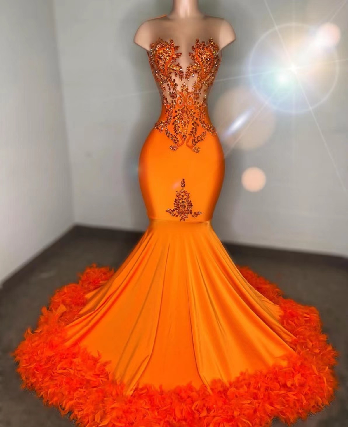 Luxury Orange Prom Dresses 2024 Beaded Applique Mermaid Feather Elegant Prom Gown 2025 Formal Occasion Dresses Vestidos De Noche Abendkleider