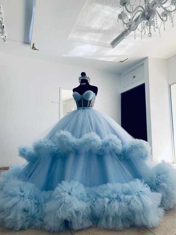Sweet 16 Dresses Blue Prom Dresses Ball Gown Tiered Tulle Beaded Sweetheart Neck Simple Elegant Pageant Dresses For Women Fashion Party Dresses