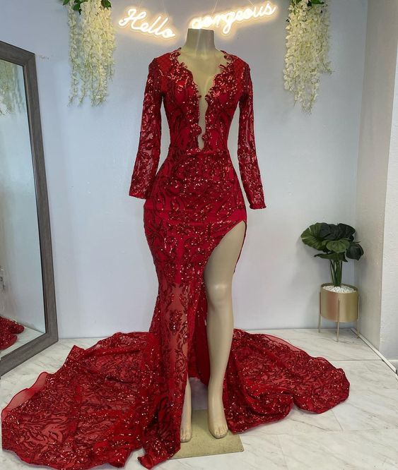Red Sparkly Prom Dresses 2023 Vestidos De Fiesta Long Sleeve V Neck Mermaid Elegant Prom Gown 2024 Formal Occasion Dresses Glitter Fashion Party