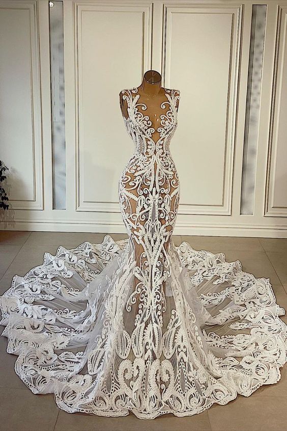Gorgeous Wedding Dresses Boho Lace Applique Mermaid Sleeveless Luxury Wedding Gown Sheer Neck Sexy Bridal Dresses Robes De Mariee Vestidos De