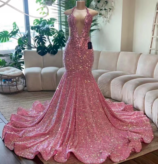 Pink Sparkly Prom Dresses For Women Beaded Halter Mermaid Glitter Evening Dresses Vestidos De Noche Custom Simple Formal Party Dresses