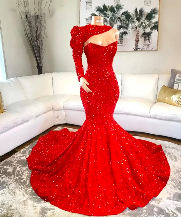 One Shoulder Sparkly Red Prom Dresses Mermaid Elegant Sequins Glitter Fashion Party Dresses Custom Prom Gown For Black Girls Vestidos De Fiesta