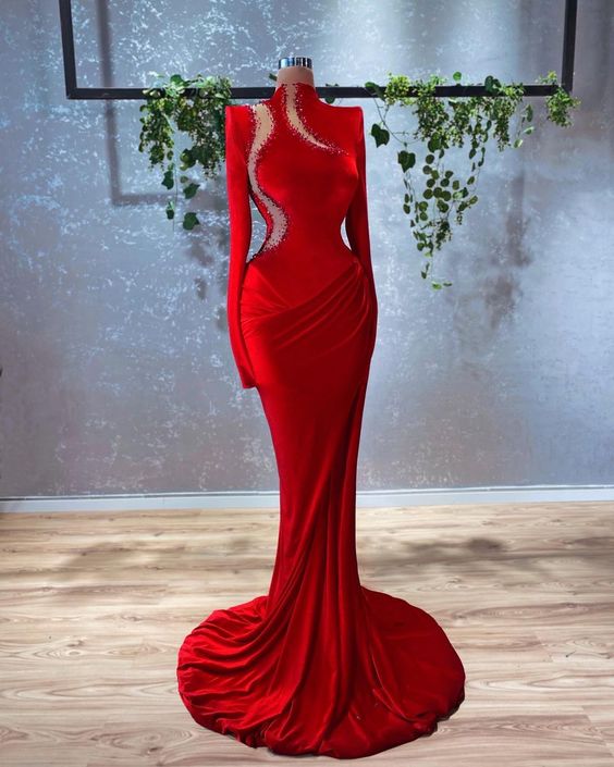 High Neck Red Evening Dresses 2023 Abendkleider Beaded Long Sleeve Modest Sexy Formal Occasion Dresses 2024 Dubai Fashion Elegant Prom Dresses