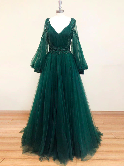 Long Sleeve Green Prom Dresses 2023 Beaded Lace Applique Arabic Prom Gown Custom Make V Neck Floor Length Elegant Evening Dresses 2024 Robes De