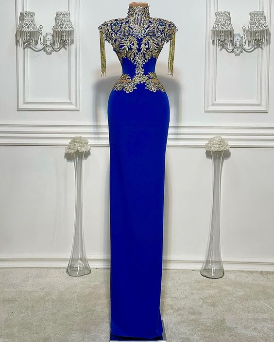 2023 High Neck Tassels Prom Dresses Lace Applique Elegant Mermaid