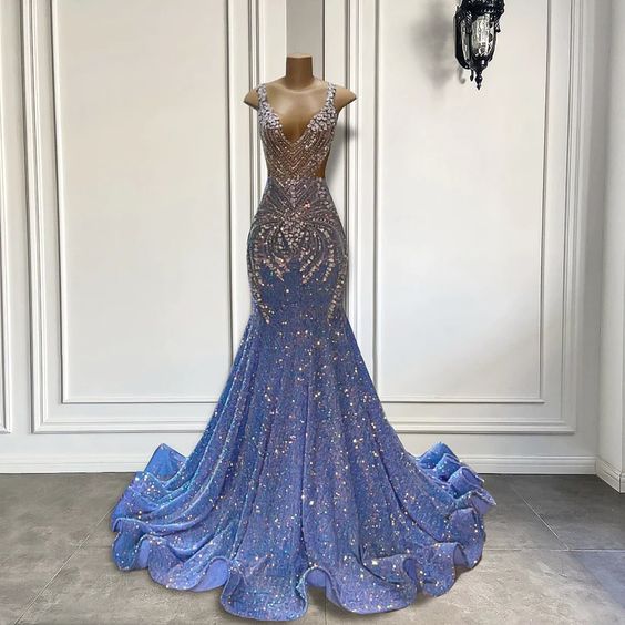 2024 Luxury Beaded Evening Dresses Long Sparkly Sequins Blue Prom Dresses 2023 Custom Fashion Evening Gown For Black Girls Mermaid Modest Formal