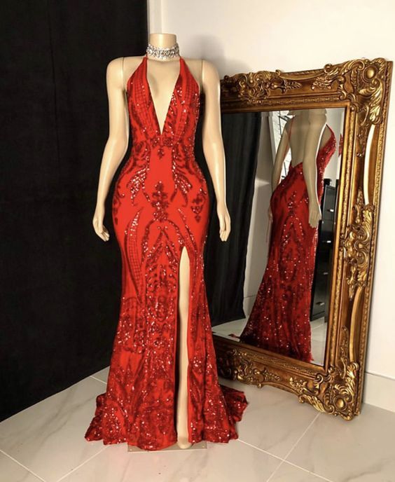 Halter Evening Dresses 2023 Vestidos De Noche Red Sparkly Sequin Applique Elegant Prom Dresses 2024 Robes De Soiree Femme Cocktail Dresses