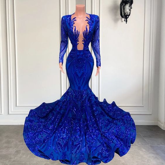 Long Sleeve Prom Dresses For Black Girls Royal Blue Sequin Applique Evening Gown Glitter Sparkly Custom Party Dresses Vestidos De Gala