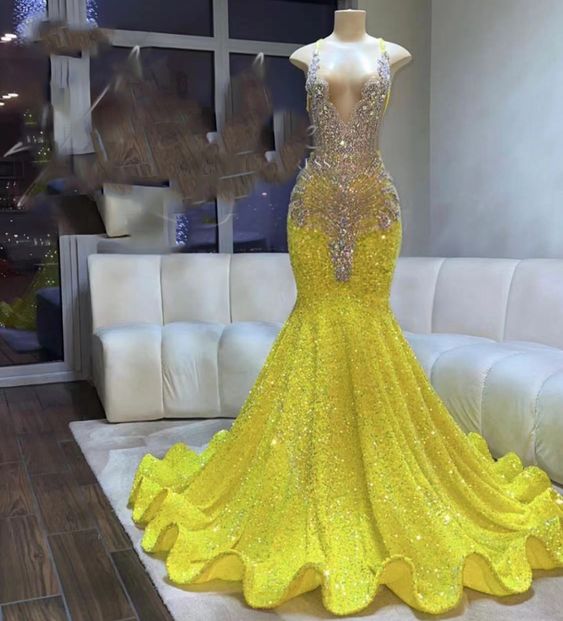 Yellow Sparkly Prom Dresses 2023 Mermaid Glitter Sequin Beaded Prom Gown 2024 Luxury Birthday Party Dressses For Black Girls Vestidos De Fiesta